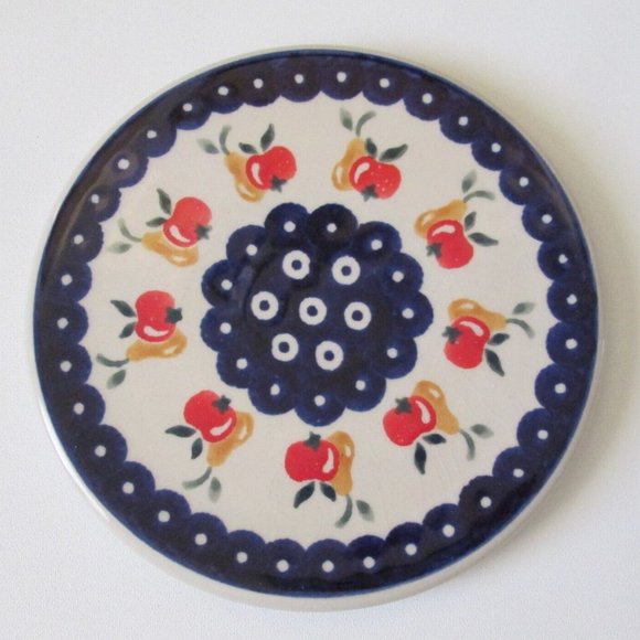 Polish Boleslawiec Trivet Round Pottery Hotplate Apples Pears Blue Border - Picture 1 of 6